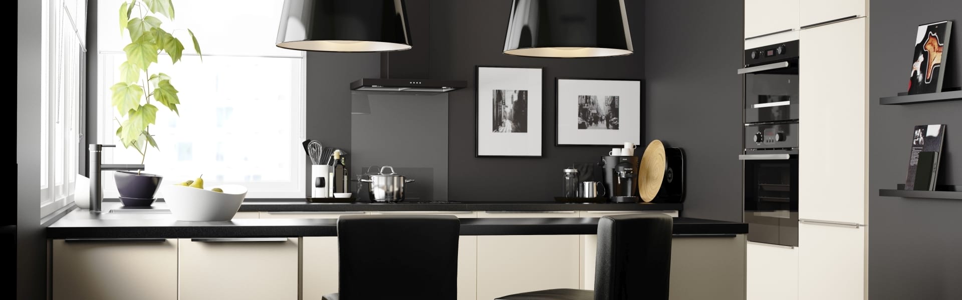 A minimalist black-and-white kitchen