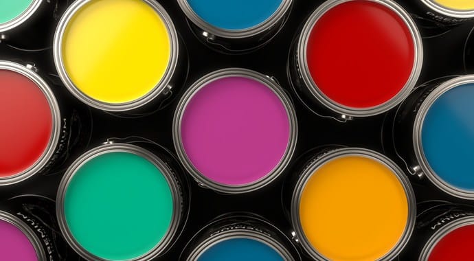 Top-down view of colored tins of paint