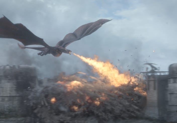 A dragon breathes fire in Game of Thrones