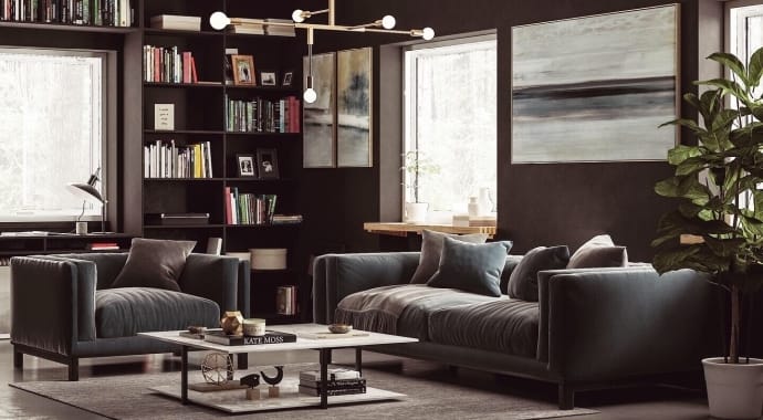 A living room bookcase, coffee table and gray sofa