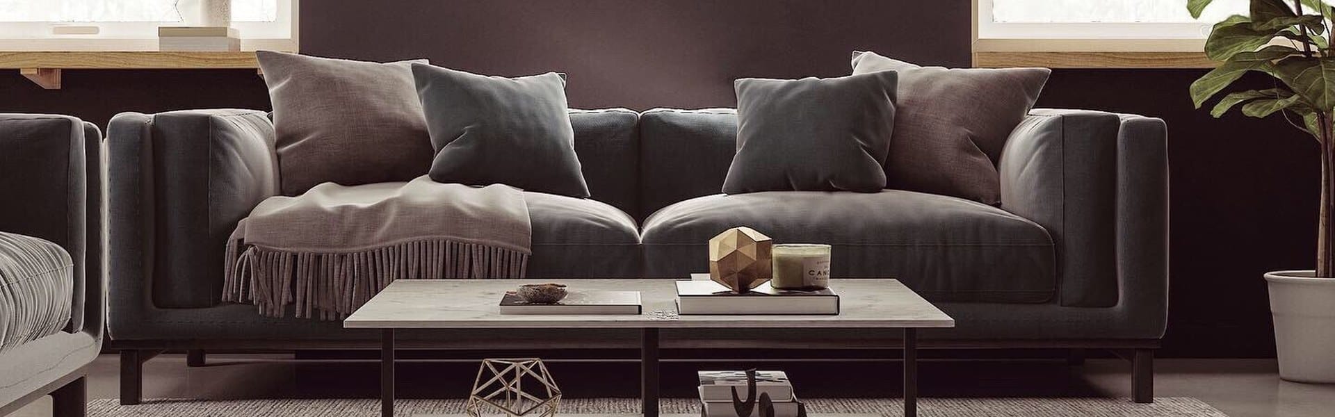 A gray sofa and coffee table