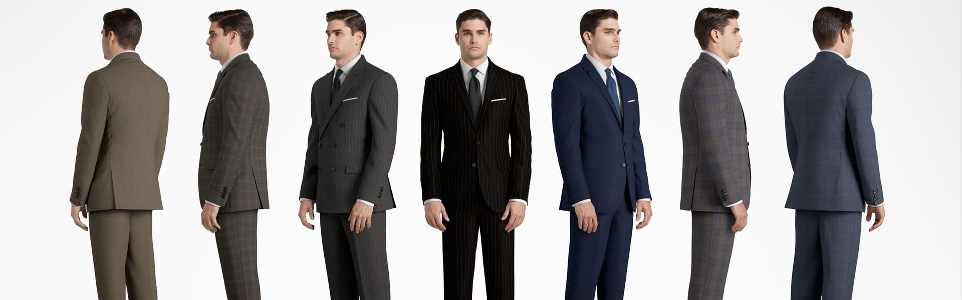 A series of images of a man wearing different suits from different angles