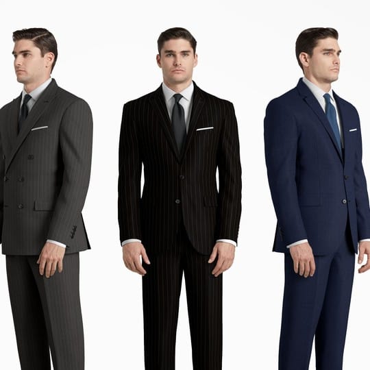 A series of images of a man wearing different suits from different angles