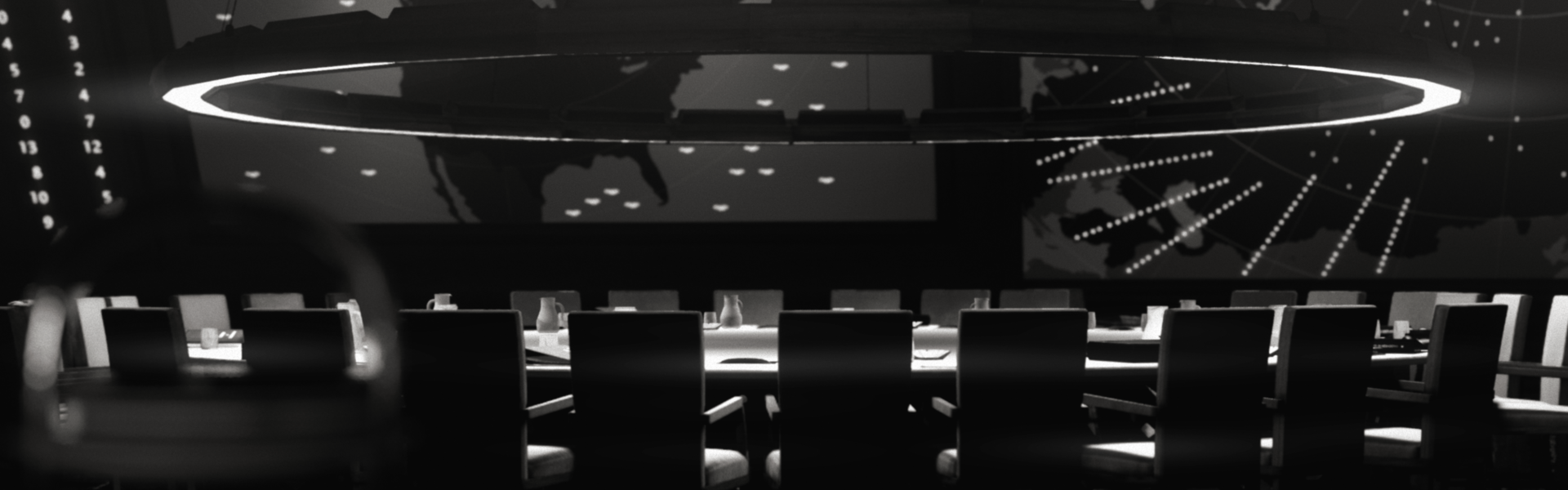 A black and white CG shot of the war room from Dr. Strangelove