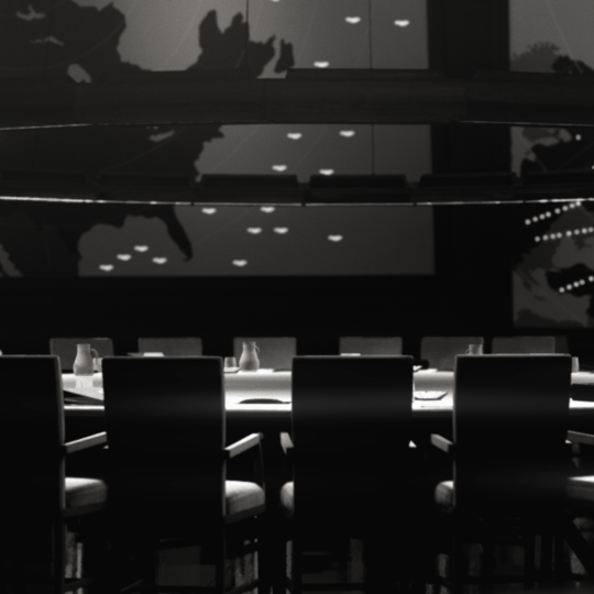 A black and white CG shot of the war room from Dr. Strangelove