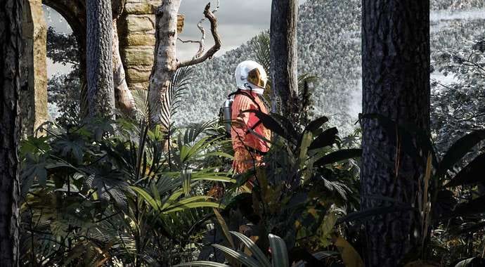 A spaceman in an orange suit among plants, trees and ruins