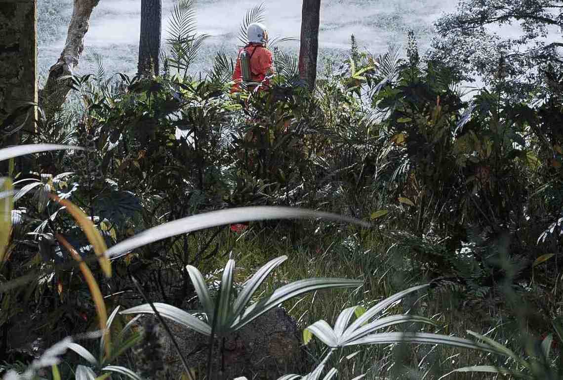 A spaceman in an orange suit among plants, trees and ruins