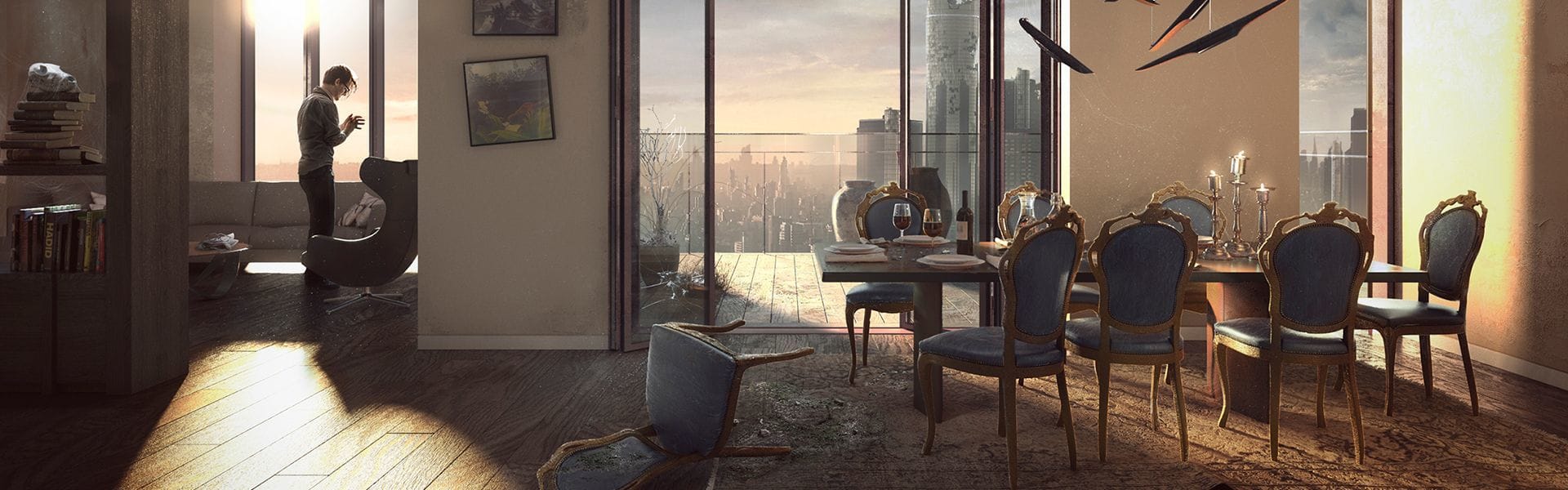 An apartment with a city view