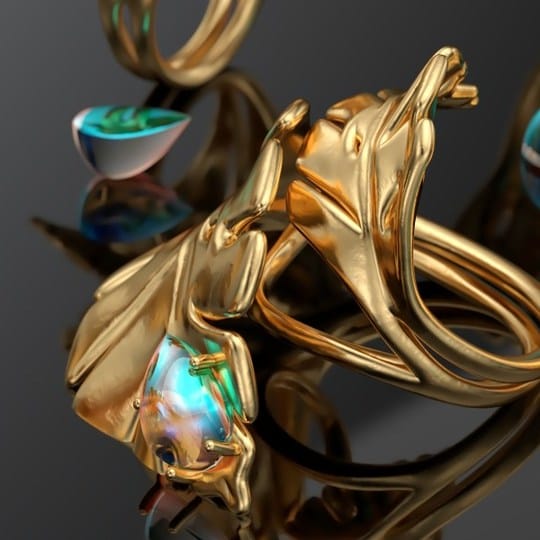 A CG image of gold and opal rings