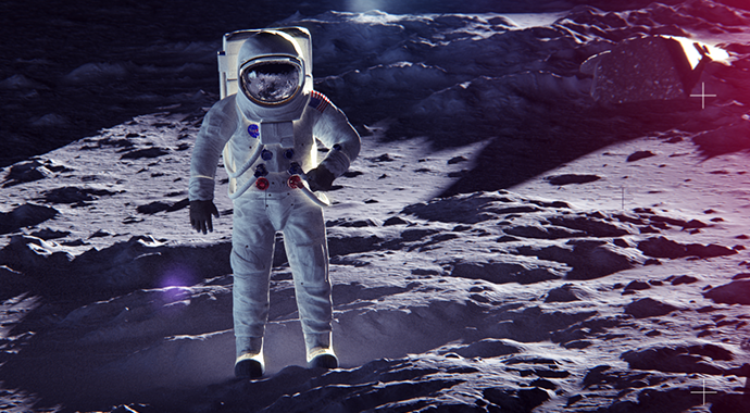 3D astronaut on the moon created in Cinema 4D for BBC Studios 50-year Moon Landing promotion animation and rendered with V-Ray