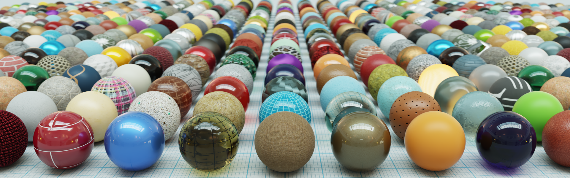 3D spheres showing the various material options available in V-Ray 5