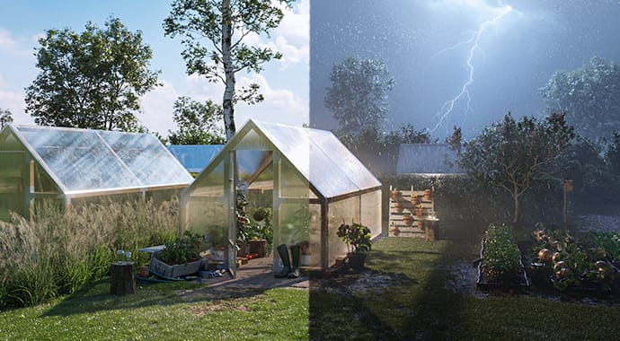 A sunny and stormy greenhouse scene
