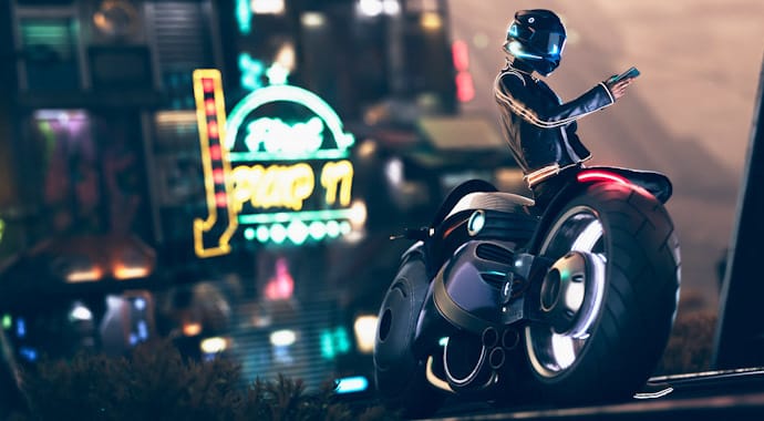 Rider with phone next to futuristic motorbike