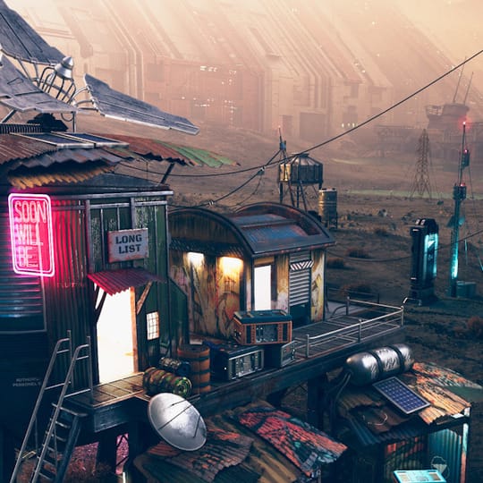 Dystopian city with neon signs and pylons