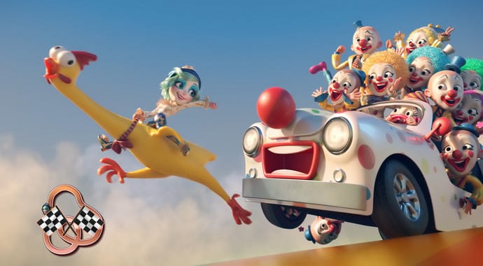 A cartoon woman on a yellow rubber chicken ahead of a clown car with many laughing clowns