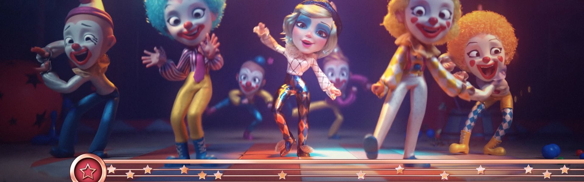 A cartoon woman dances with cartoon clowns