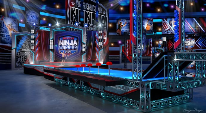 A render of an American Ninja Warrior obstacle