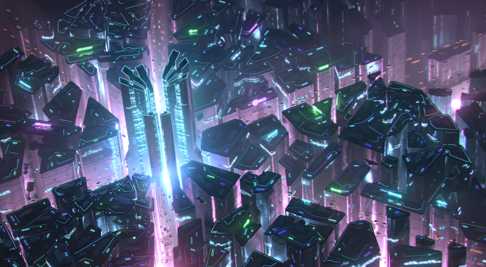 A purple-and-blue neon-lit cyberpunk city