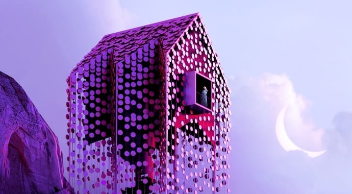 A pink-and-purple house covered in discs next to a crescent moon