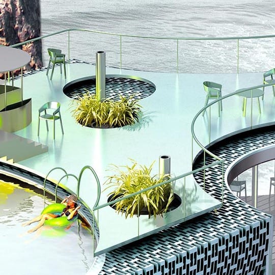 A glass-and-metal swimming pool and decking with swimmers and plants