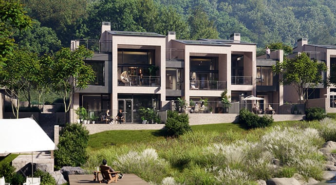 a v-ray render of concrete homes in a bucolic environment