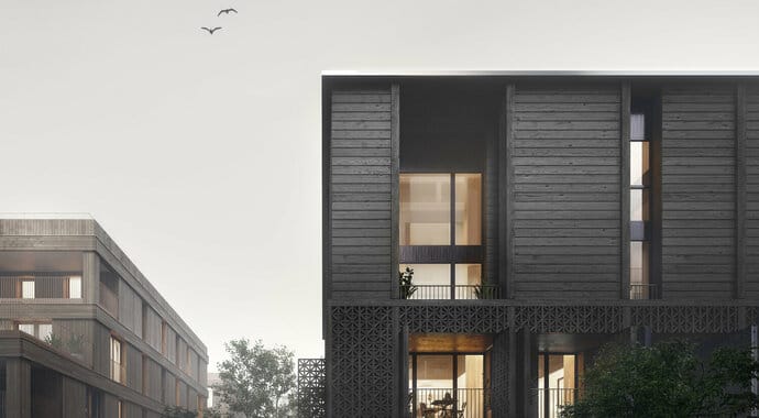A v-ray render of timber-clad apartments with birds