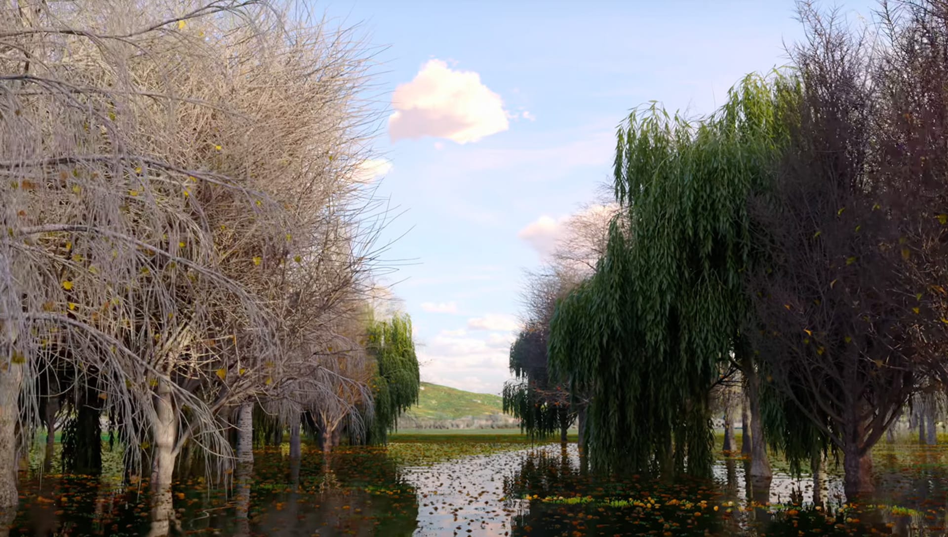 A 3D rendering of Pisa's Pungilupo park in winter. The lamination basins are filled with water, submerging the bottom of the trees