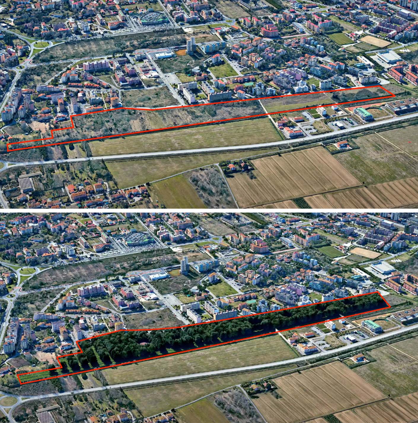 two aerial images comparing what Pungilupo Park currently looks like, versus what it's projected to look like in 2074. The future image shows a park covered with tree canopy compared to the current park that has few trees and mostly bare land