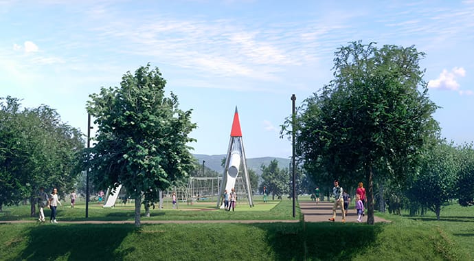 A 3D visualization of Pungilupo park showing a tree-shaded walk way and a playground that includes a park