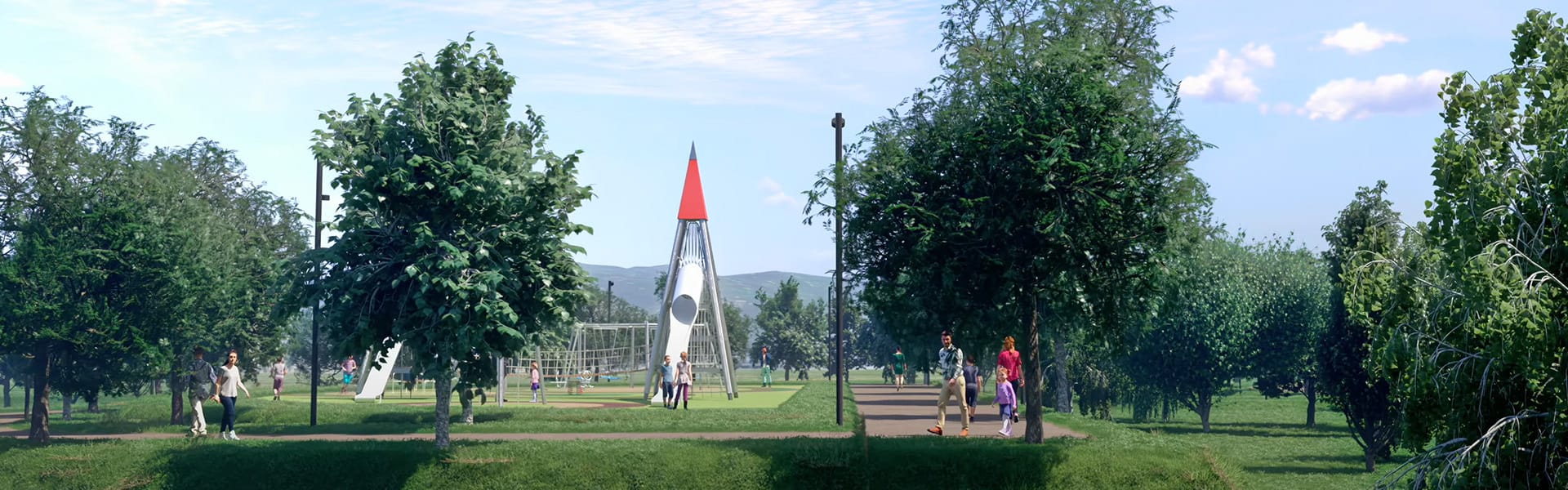 A 3D visualization of Pungilupo park showing a tree-shaded walk way and a playground that includes a park