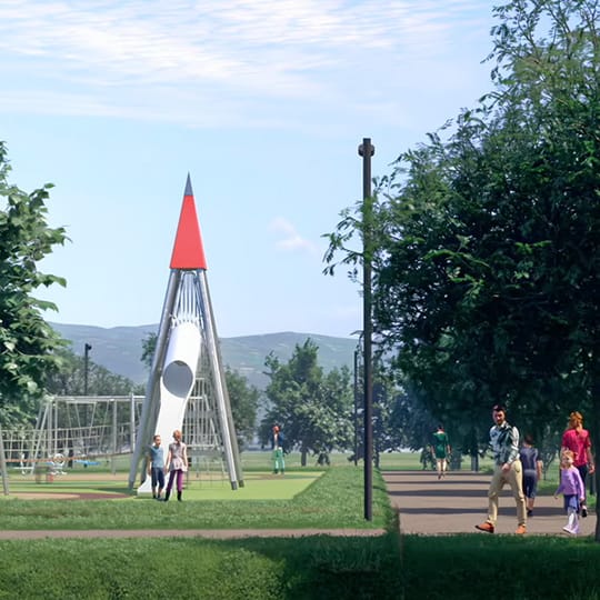 A 3D visualization of Pungilupo park showing a tree-shaded walk way and a playground that includes a park