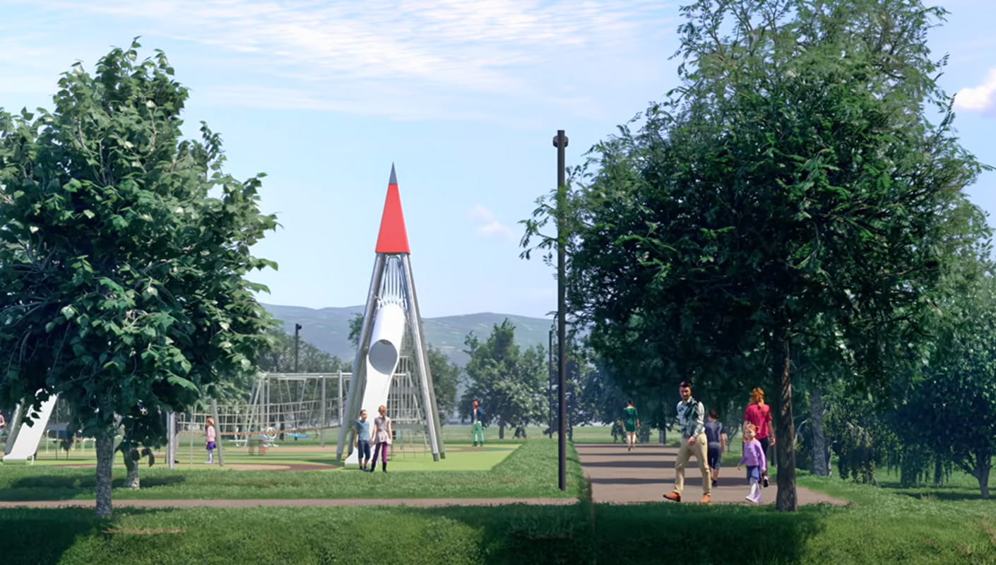 A 3D visualization of Pungilupo park showing a tree-shaded walk way and a playground that includes a park