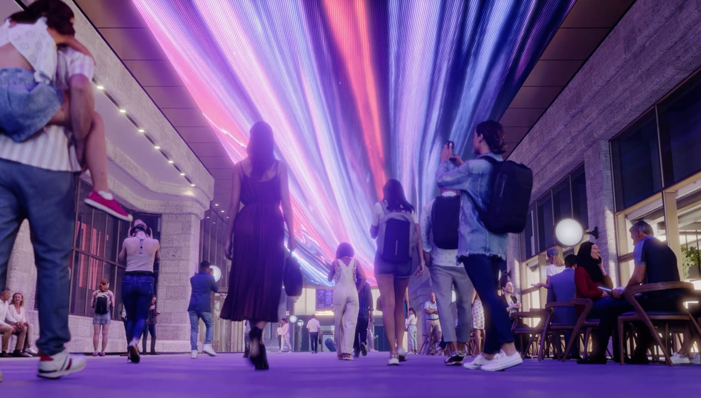 Visualization of a crowd walking along a walkway at Olympia Events