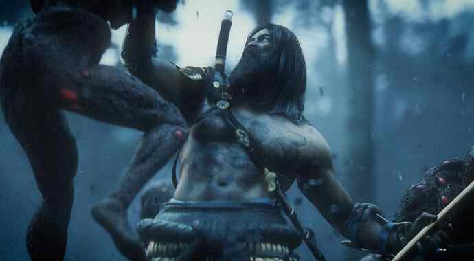 a CGI image of a bare-chested, bearded god holding another character by the throat