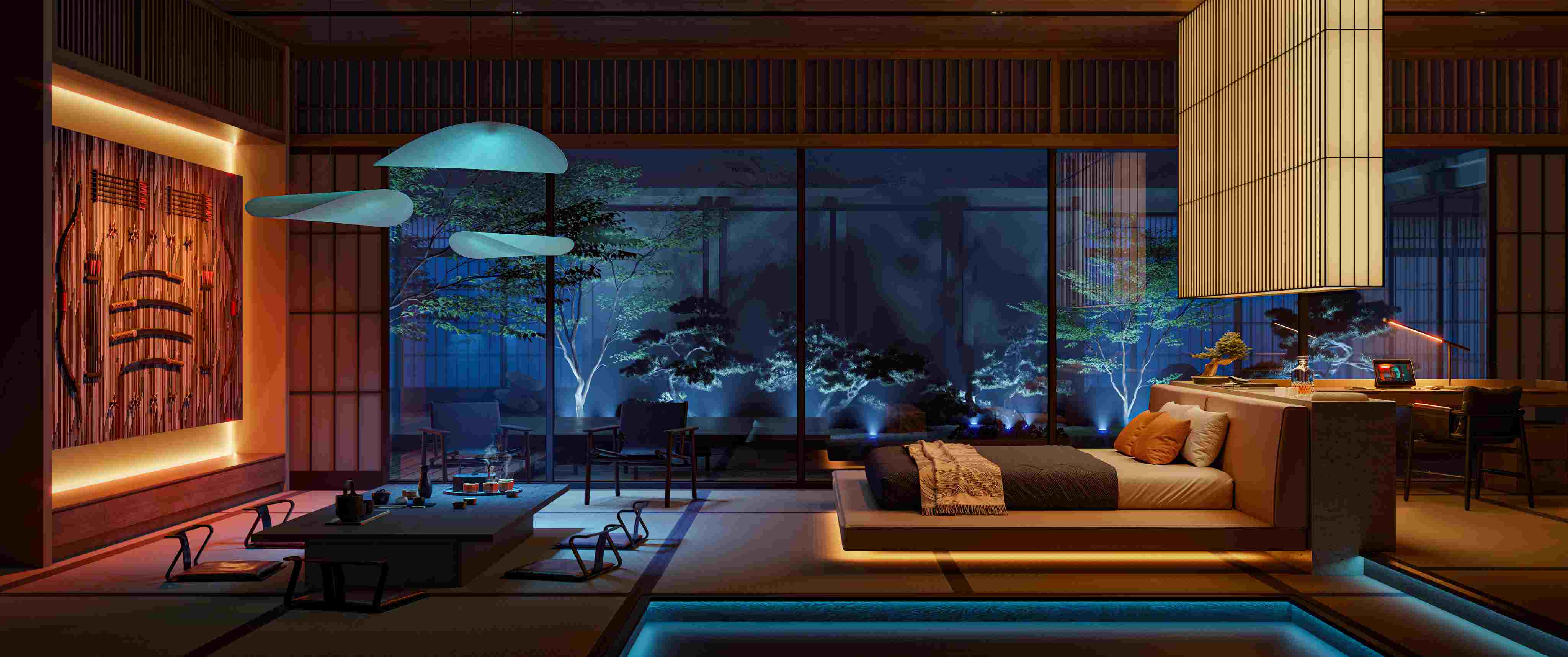 A visualization of a Japanese-style bedroom in the nighttime with a low bed in the middle, low table to the left and katana swords on the left wall