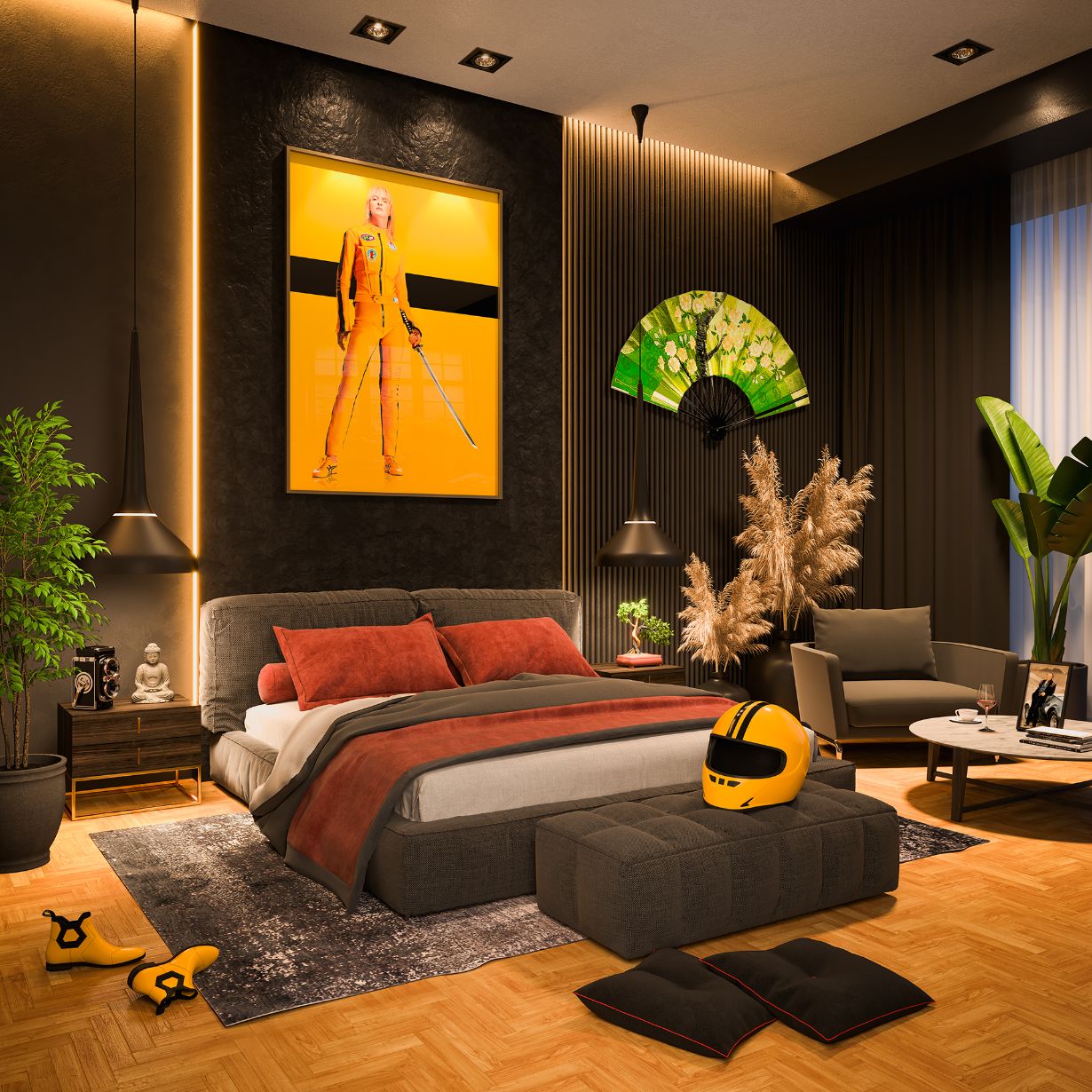 A visualization of Beatrix Kiddo's bedroom in the night time, a bed lies in the center, a large poster of the Bride in Kill Bill is above the bed