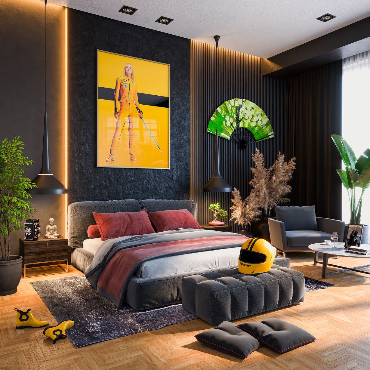 A visualization of Beatrix Kiddo's bedroom in the day time, a bed lies in the center, a large poster of the Bride in Kill Bill is above the bed