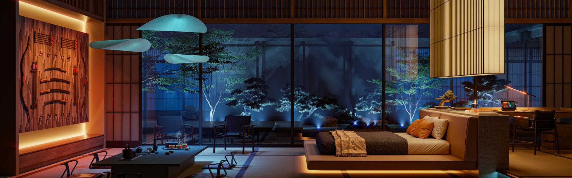 Visualization of a Japanese inspirated bedroom at night time. On the right a bed is low to the ground, on the left is a low table and katanas on the wall.