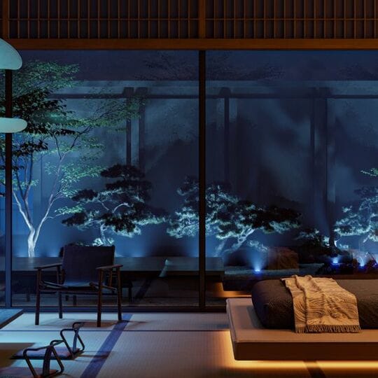 Visualization of a Japanese inspirated bedroom at night time. On the right a bed is low to the ground, on the left is a low table and katanas on the wall.