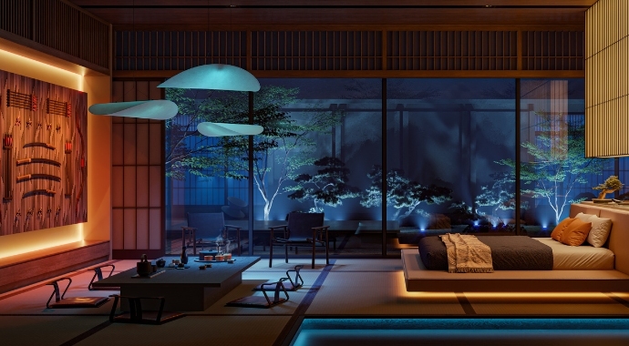 Visualization of a Japanese inspirated bedroom at night time. On the right a bed is low to the ground, on the left is a low table and katanas on the wall.