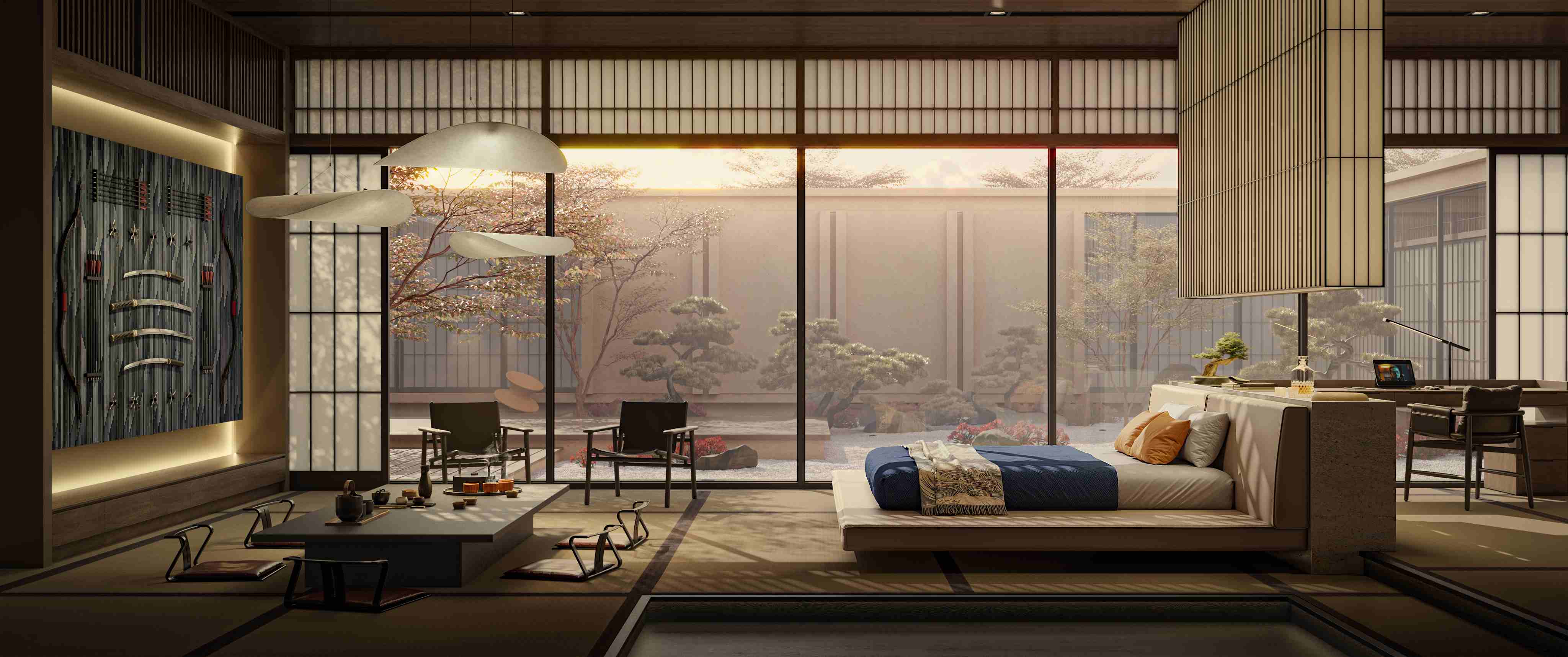 Visualization of a Japanese inspirated bedroom in day time. On the right a bed is low to the ground, on the left is a low table and katanas on the wall.