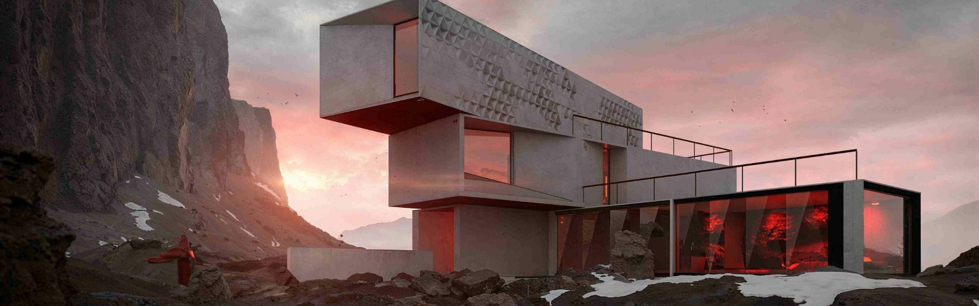 A still from xoio’s Unboxing animation. A cloaked figure stands on jagged rocks next to a stark, architecturally designed house. A sunset illuminates the windows, making them glow red.