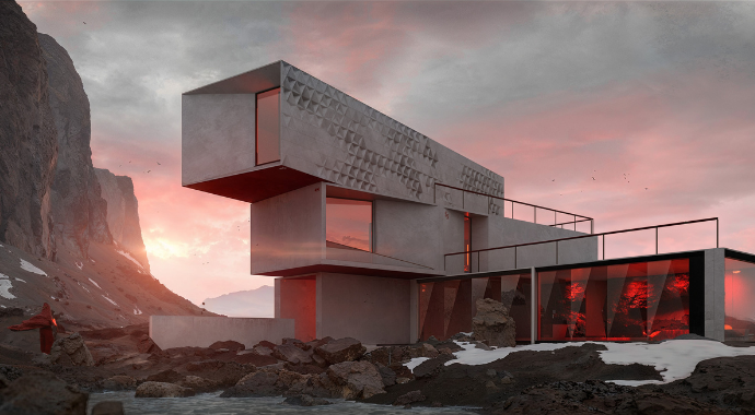 A still from xoio’s Unboxing animation. A cloaked figure stands on jagged rocks next to a stark, architecturally designed house. A sunset illuminates the windows, making them glow red.