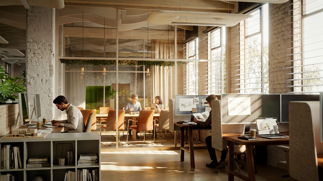 A sunlit studio visualization with desks, materials and people working together.