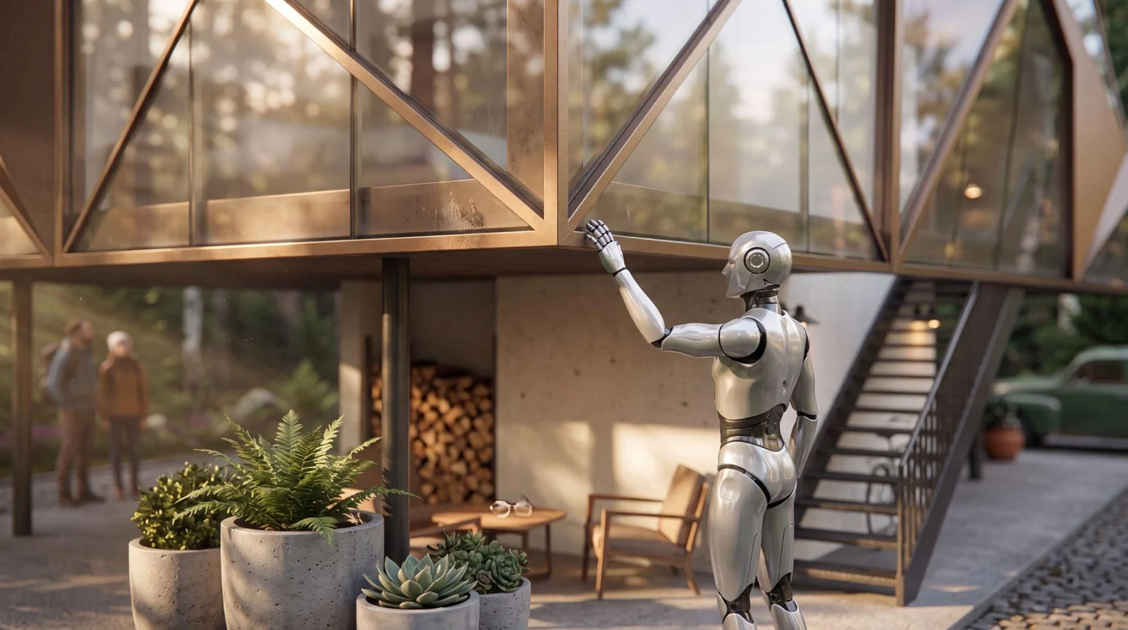 木造住宅の前にいるヒューマノイドロボット。