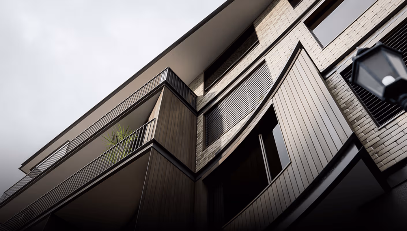 Detailed real-time visualization of a timber-clad residential building.