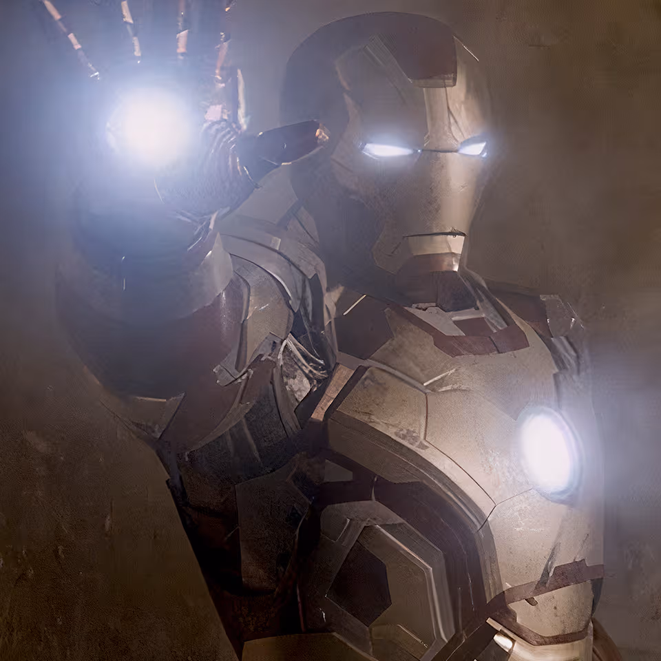 Cinematic Iron Man render with illuminated armor and volumetric light.